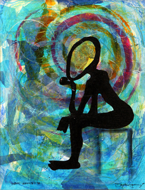 Abstract, colorful illustration of a person sitting on a chair, thinking