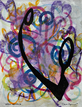 Abstract, colorful illustration of a person looking up at an object in their hand